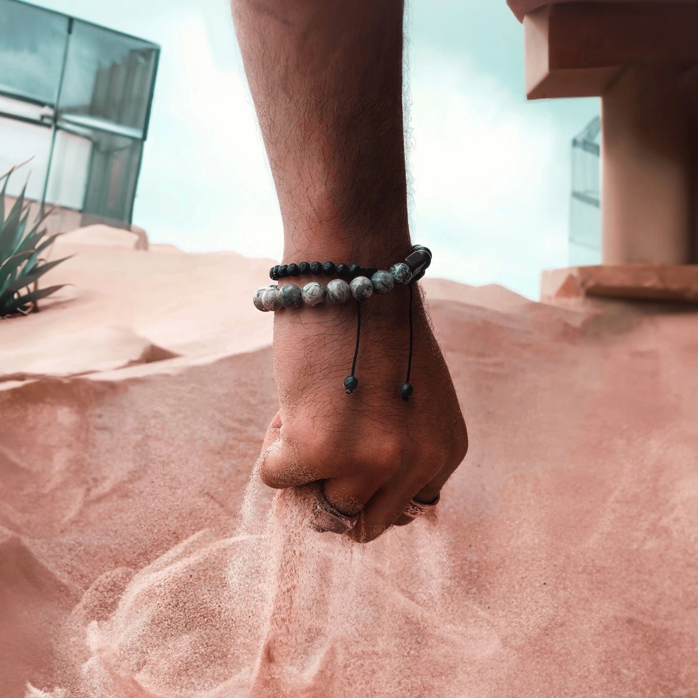 Grey Jasper Stone Bead Bracelet - Black & Black