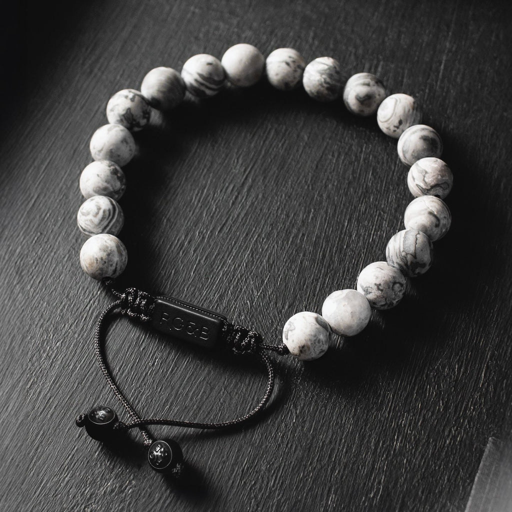 Grey Jasper Stone Bead Bracelet - Black & Black