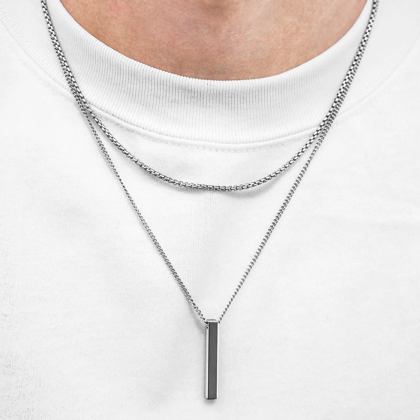 Best Silver Bar and Box Chain Necklace Set for Men - 2 necklaces included