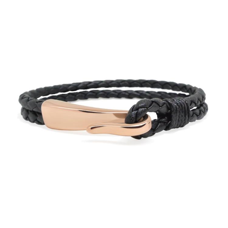 Black Leather Anchor Bracelet - This is a Black Woven Leather Bracelet Which Features a Stainless Steel Hook Clasp, Engraved with the Signature RG&B Logo.