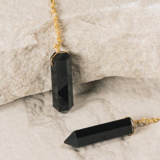 Black Onyx Earrings - Fine wire hook and chain earring featuring a natural and uniquely cut Black Onyx stone raw pendant. Finely handcrafted brass, plated with the finest 18K rose gold, and gold plating.