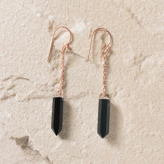 Black Onyx Earrings - Fine wire hook and chain earring featuring a natural and uniquely cut Black Onyx stone raw pendant. Finely handcrafted brass, plated with the finest 18K rose gold, and gold plating.