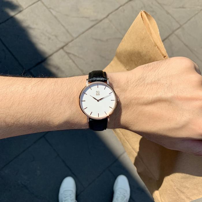 Rose Gold Minimal Watch - Explore our Classic Minimal Watch in Rose Gold & Black. Featuring a Polished Rose Gold Case, Hands & Hour Markers, a White Dial and a Black Leather Strap.