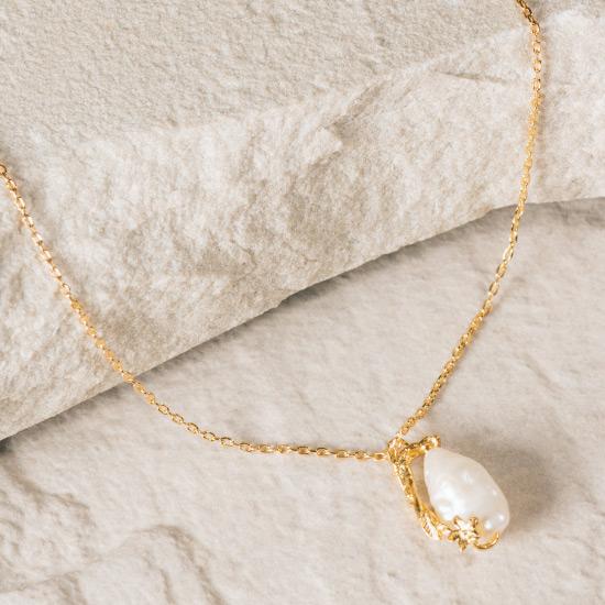 Women's Pearl Necklace - Fine gold chain necklace featuring a uniquely molded gold Flower combined with a precious rough pearl to form a timelessly beautiful pendant.