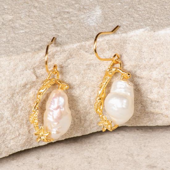 Women's Pearl Earrings - Fine wire hook earring featuring a uniquely molded Flower combined with a precious rough pearl to form a timelessly beautiful pendant. Fine brass, plated with gold or rose gold.