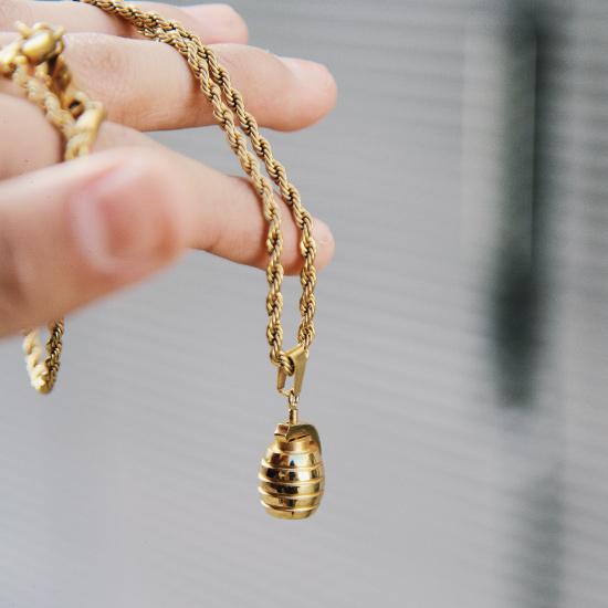 Gold Grenade Necklace - Our 24KT Gold Plated Grenade Necklace features our Signature Grenade Pendant and Rope Chain. The Perfect statement piece for any wardrobe.