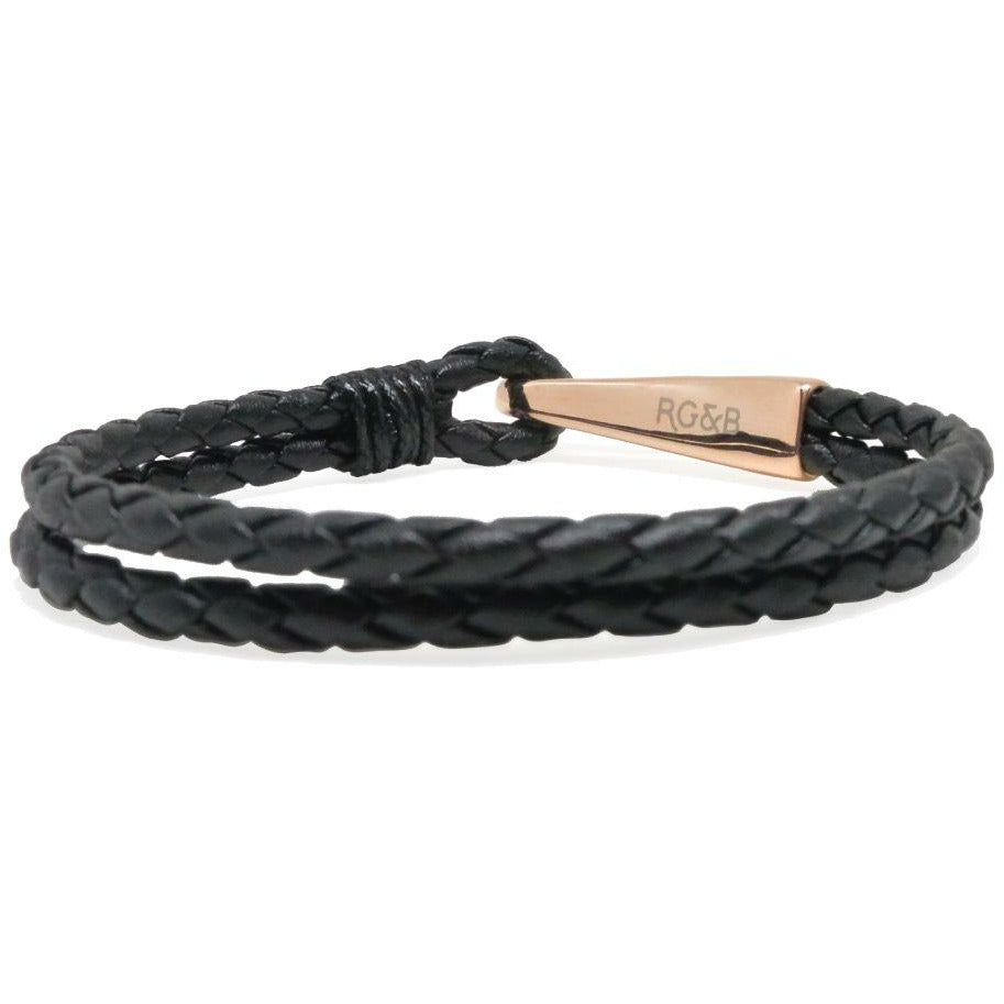 Black Leather Anchor Bracelet - This is a Black Woven Leather Bracelet Which Features a Stainless Steel Hook Clasp, Engraved with the Signature RG&B Logo.