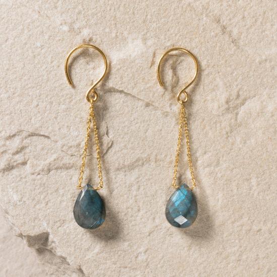 Labradorite Earrings - Fine wire hook and chain earring featuring a natural and uniquely cut Labradorite stone. Finely handcrafted brass, plated with the finest 18K gold plating.