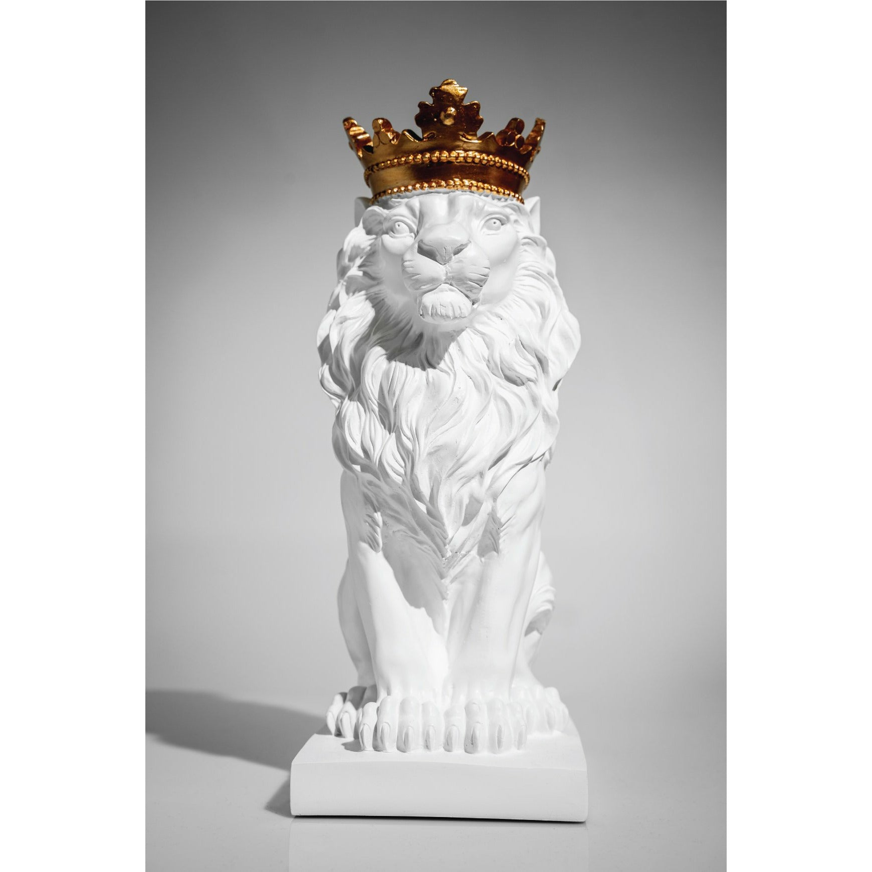 White Lion Sculpture - Our White & Gold Lion With Crown Sculpture is the perfect addition to any space.