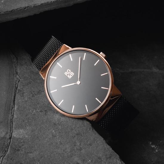 Minimal Rose Gold & Black Watch - Our Minimal Rose Gold & Black Watch features a Polished Rose Gold Case, Black Dial & Strap, Rose Gold Hands and Hour Markers Along with our Signature Logo.