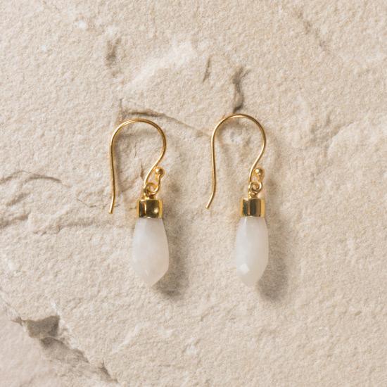 Rainbow Moonstone Earrings - Fine wire hook earring featuring a natural and uniquely cut Rainbow Moonstone stone raw pendant. Finely handcrafted brass, plated with the finest 18K gold plating.