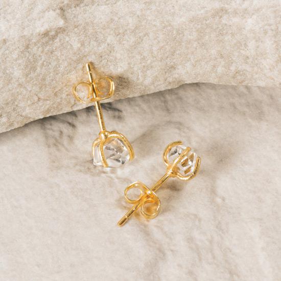 Herkimer Diamond Earrings - Fine handmade stud crafted around a raw Herkimer Diamond. Each Herkimer Diamond is left in its natural raw state with their own unique shape. Finely handcrafted brass, plated with the finest 18K gold plating.