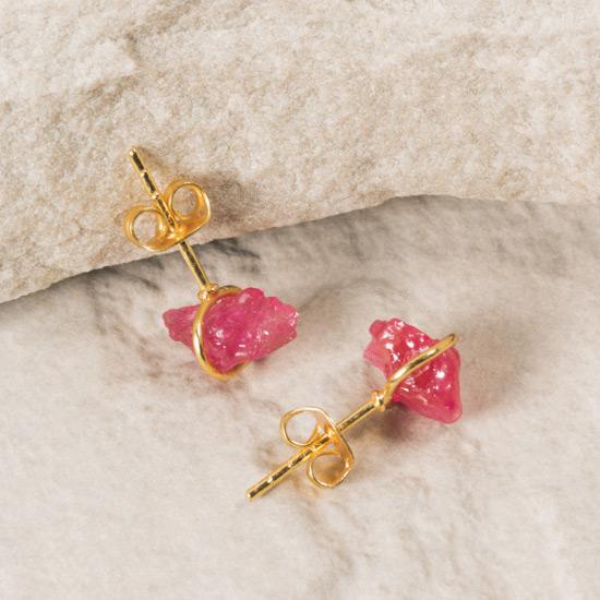 Ruby Earrings - Fine handmade stud crafted around a raw Ruby. Each Ruby is left in its natural raw state with their own unique shape. Finely handcrafted brass, plated with the finest 18K gold plating.