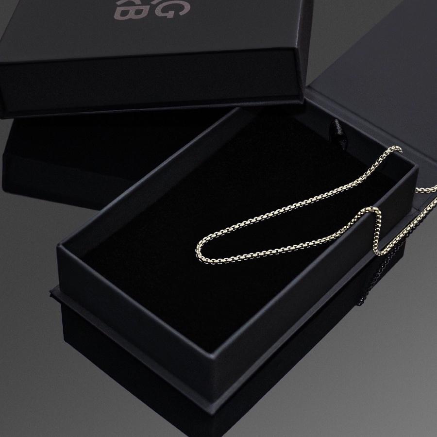 Silver Box Chain - Our Minimal Silver Box Chain features our premium box chain and signature polished Silver plate, engraved with RG&B.