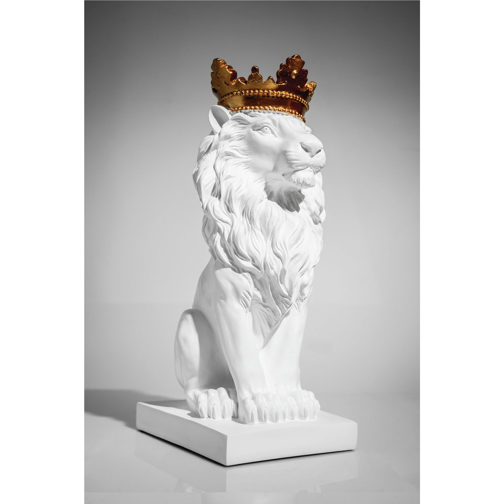 White Lion Sculpture - Our White & Gold Lion With Crown Sculpture is the perfect addition to any space.